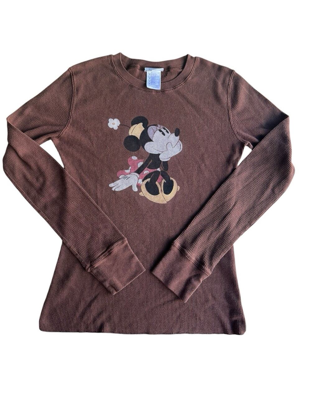 Disneyland Resort Minnie Mouse Waffle Retro Shirt Brown Long Sleeve Size Medium